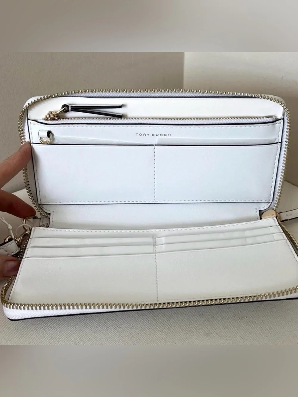 Tory Burch White Perforated Zip wallet with Gold Logo